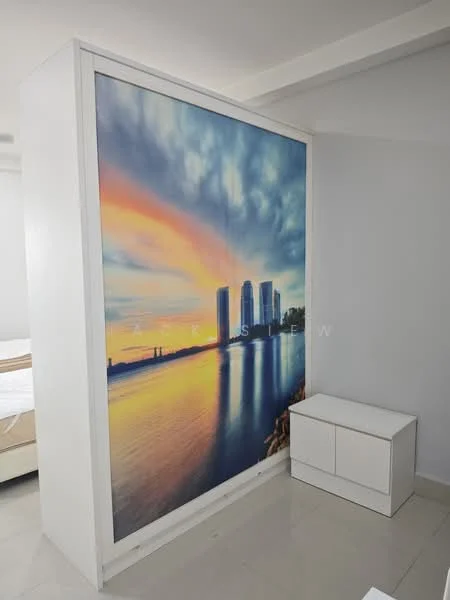 Room features: white painted walls, glossy tile flooring, large wall mural with sunset and city skyline, white cabinetry, minimalist design; style: modern; view: city.