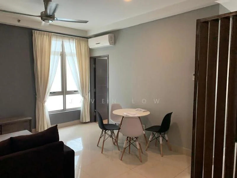 Living features: grey painted walls, white ceiling, 5-blade ceiling fan with light, floor-to-ceiling windows, sheer curtains, white round dining table, 4 dining chairs in black and white, polished ceramic tile flooring, sofa in dark color, air conditioning unit; style: modern.