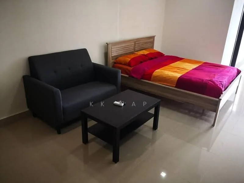 Bedroom features: queen-size bed with orange and pink bedding, wooden bed frame, grey fabric sofa, black coffee table, glossy tile flooring, plain white walls, large window with natural light; style: modern.