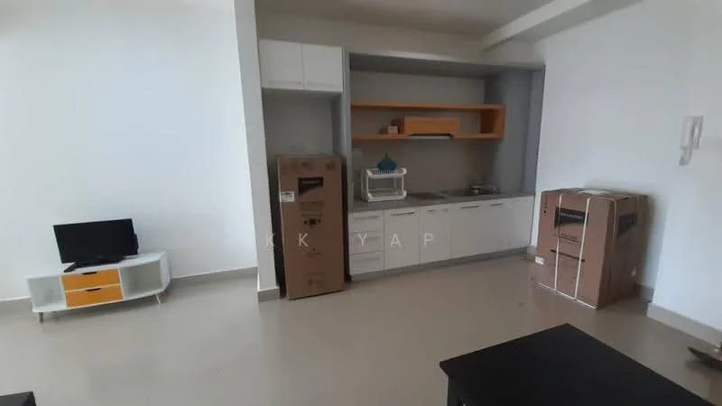 Living features: white painted walls, light-colored tile flooring, kitchenette with white cabinetry, wooden open shelving, sink, countertop, built-in appliances, TV console, small television, cardboard boxes, open layout; style: modern.