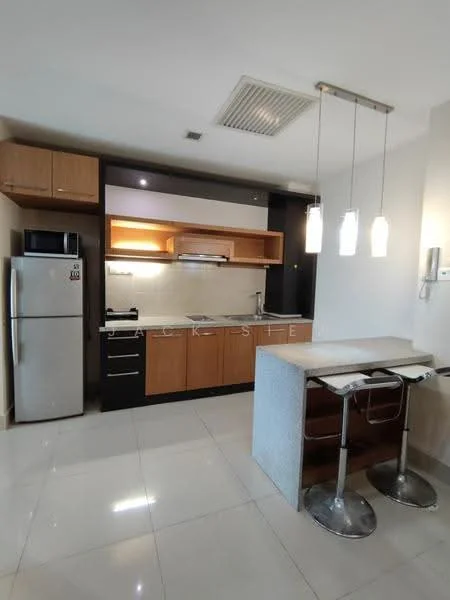 Kitchen features: stainless-steel fridge, built-in oven, 4-burner gas hob, stainless-steel range hood, laminate countertop, wood cabinetry with upper and lower storage, single-bowl stainless-steel sink, pendant lighting over breakfast bar, ceramic tile flooring, recessed downlights, open shelving, bar stools; style: modern.