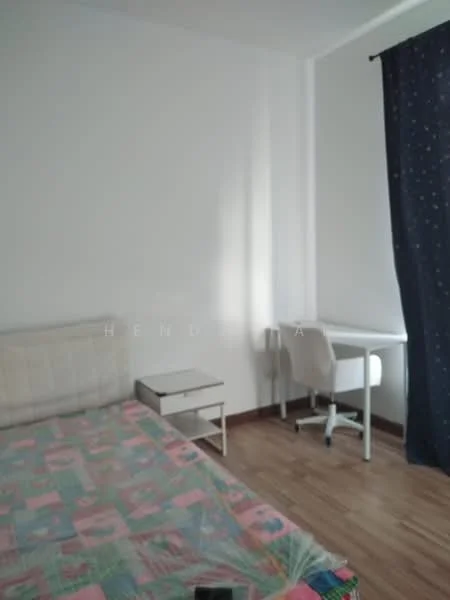 Bedroom features: queen-size bed with patterned bedspread, white upholstered headboard, nightstand with drawer, study desk with chair, wooden flooring, white painted walls, curtains with star pattern, window with natural light; style: modern.