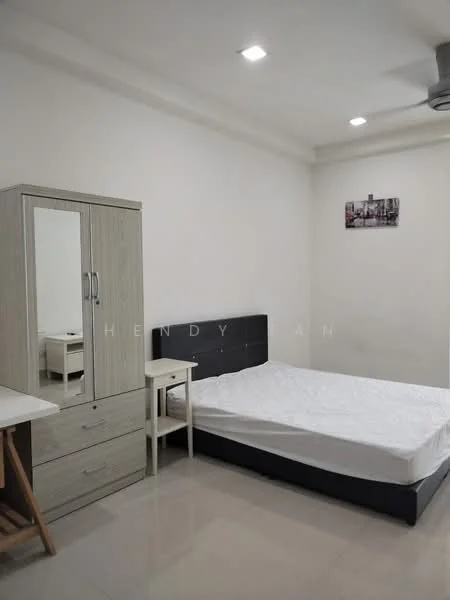 Bedroom features: queen-size bed, upholstered headboard, two-drawer bedside table, wardrobe with mirror, study desk, chair, recessed ceiling lights, ceiling fan, white painted walls, glossy tile flooring; style: modern.