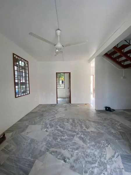 Living features: white painted walls, marble flooring, 5-blade ceiling fan, large windows with grid pattern, open layout, staircase visible in background, natural light from windows, neutral color scheme; style: modern.