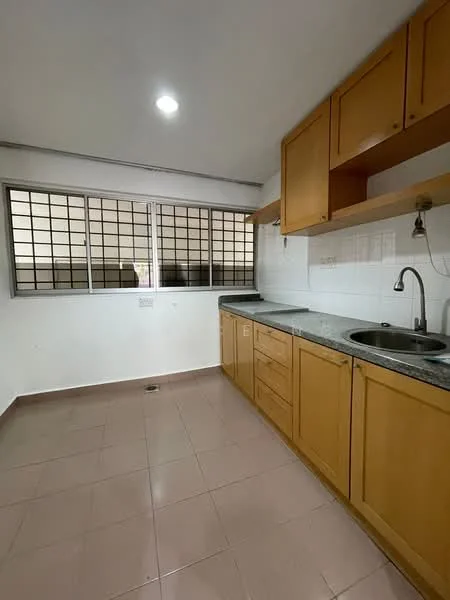 Kitchen features: light wood cabinetry, grey granite countertop, single-bowl stainless-steel sink, chrome pull-down faucet, white tiled backsplash, tile flooring, window with metal grille, under-cabinet lighting; style: modern.