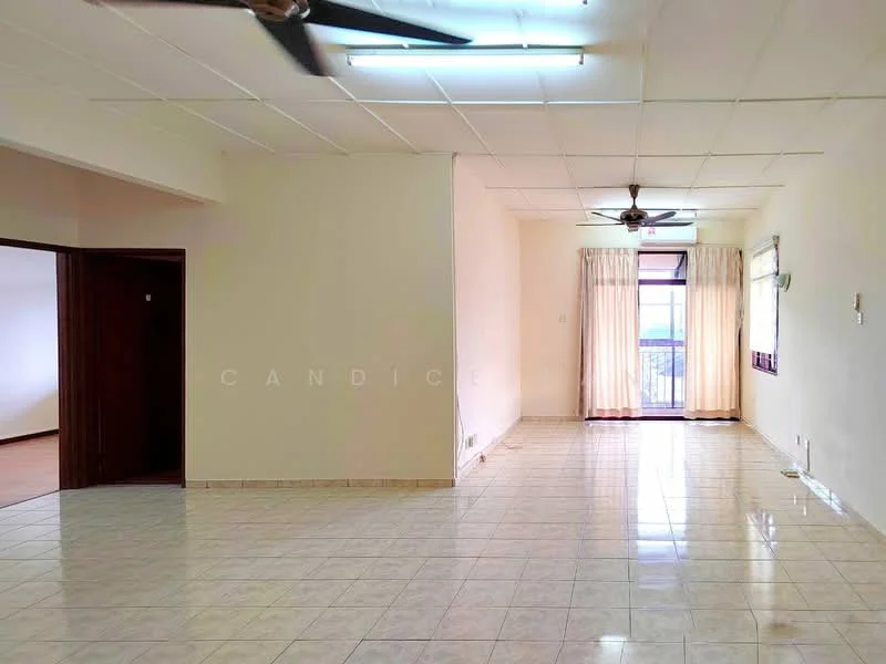 Living features: white painted walls, ceramic tile flooring, 2 ceiling fans, large windows with sheer curtains, natural light from windows, neutral color scheme, open layout, access to balcony, light fixtures on ceiling; style: modern. Room features: white painted walls, ceramic tile flooring, doorway leading to another room.