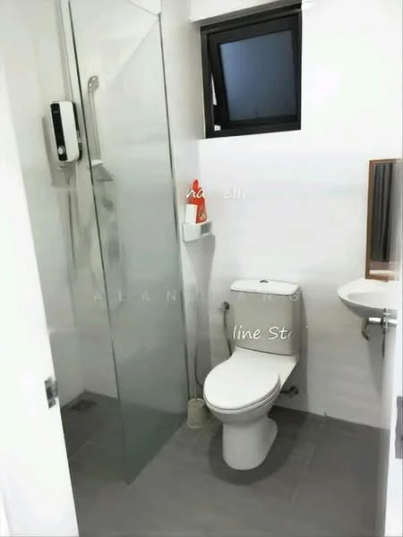 Bathroom features: glass shower enclosure, rain shower head, handheld shower, white toilet, wall-mounted toilet paper holder, small sink with wall-mounted faucet, mirror above sink, grey tile flooring, white painted walls, window for natural light; style: modern.