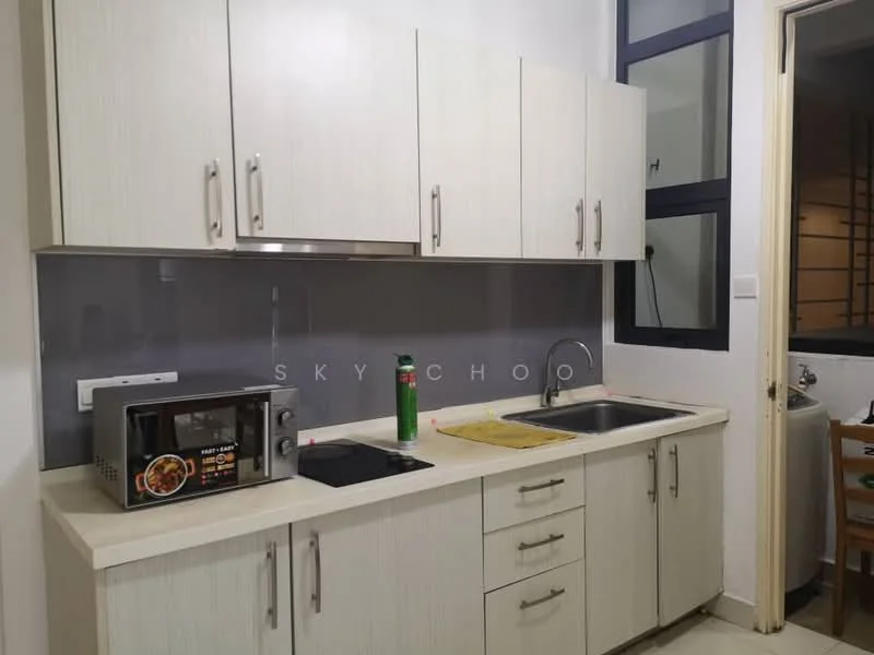 Kitchen features: light wood cabinetry, white countertop, single-bowl stainless-steel sink, chrome pull-down faucet, built-in microwave, electric stove, grey backsplash, kitchen towel on countertop; style: modern.