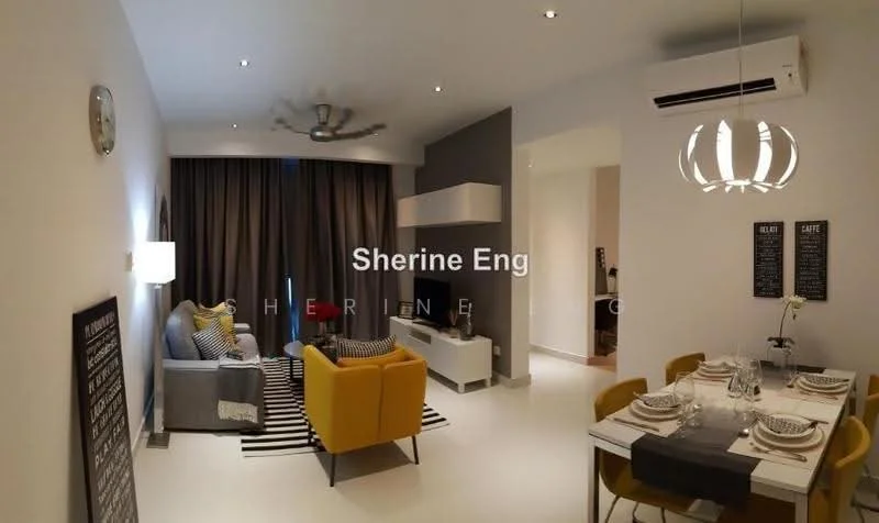 Living features: 3-seater fabric sofa in grey, accent chair in yellow, coffee table, TV console, wall-mounted TV, area rug with striped pattern, recessed downlights, 5-blade ceiling fan with light, floor-to-ceiling curtains, decorative wall art, open shelving unit, dining table with 6 chairs; style: modern.