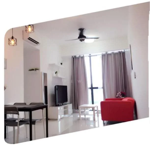 Living features: 3-seater red fabric sofa, white coffee table, black dining table with 4 chairs, wall-mounted TV, white TV console, ceiling fan with light, floor-to-ceiling windows, sheer curtains, polished tile flooring, decorative wall shelf, decorative plant, light fixture with pendant bulbs; style: modern; view: city.