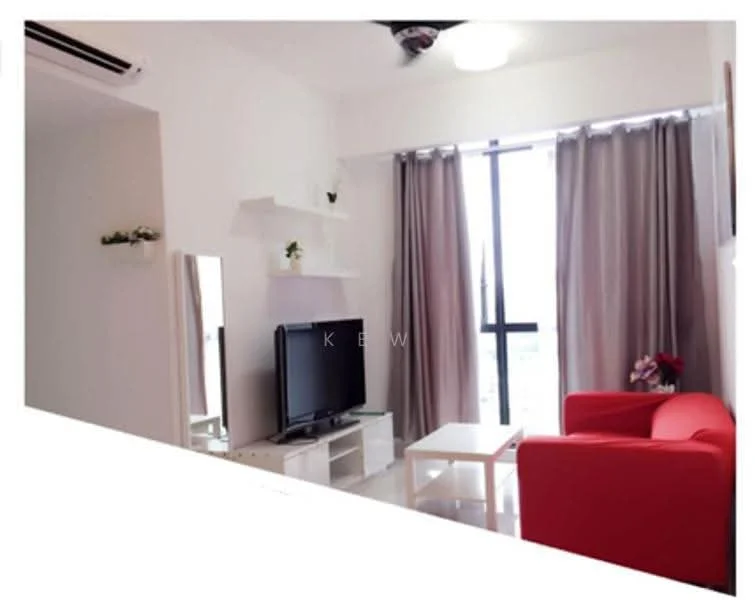 Living features: red fabric sofa, white coffee table, wall-mounted TV, white TV console, floor-to-ceiling windows, sheer curtains, grey curtains, decorative plants on shelves, mirror on wall, recessed ceiling light, air conditioning unit; style: modern; view: city.