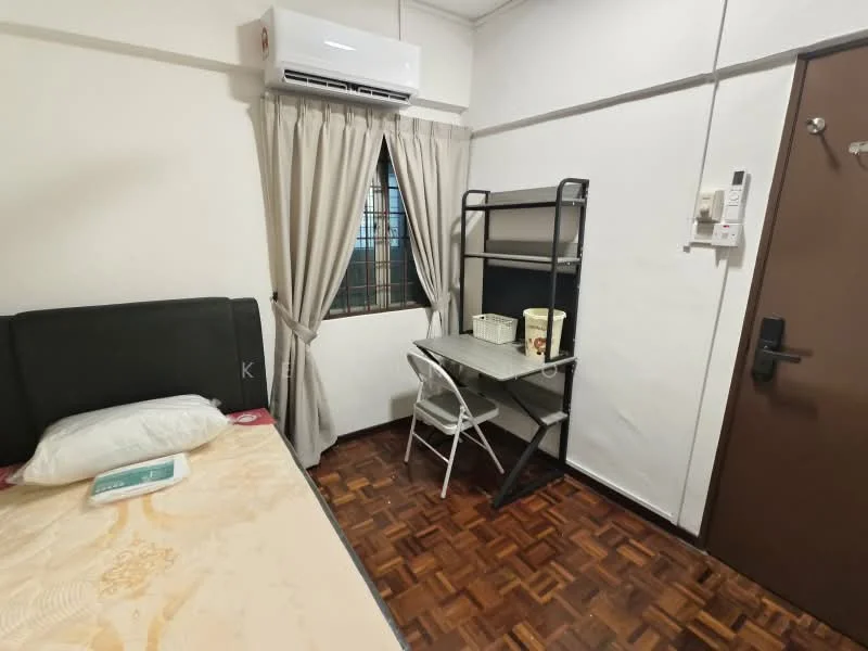 Bedroom features: queen-size bed with upholstered headboard, wooden flooring, white painted walls, floor-to-ceiling window with sheer curtains, 1 wall-mounted split AC, study desk with chair, built-in wardrobe, decorative wall clock; style: modern.