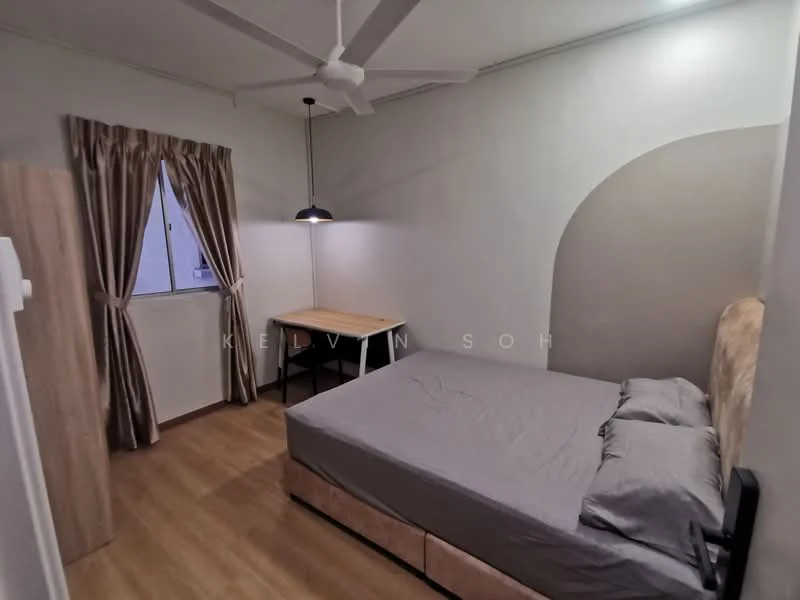 Bedroom features: queen-size bed, upholstered headboard, bedside lamps, study desk, wooden flooring, curtains, ceiling fan, wall-mounted light fixture, window with view, neutral wall color, decorative wall arch; style: modern.