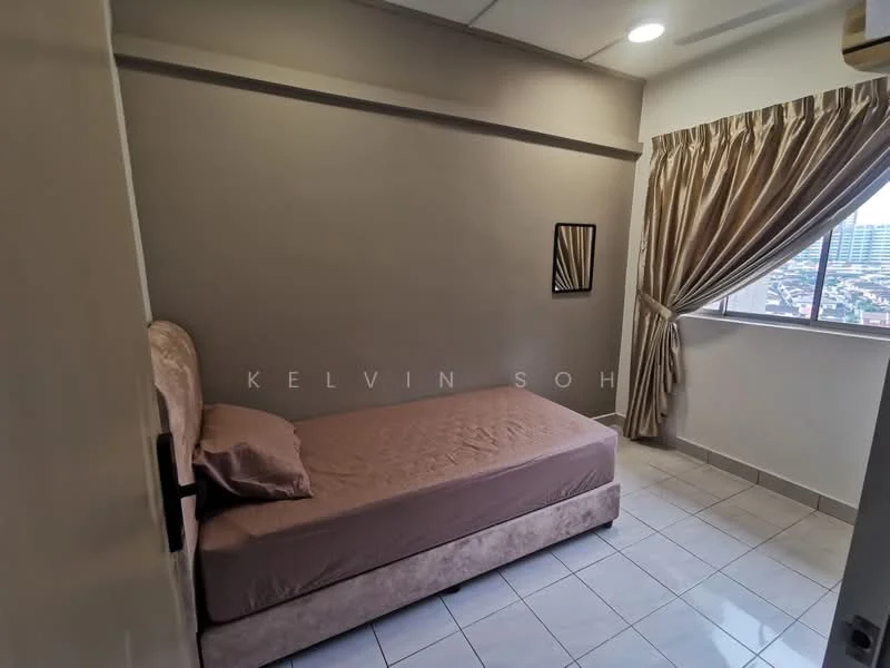 Bedroom features: single bed, beige bed frame, light brown bedding, grey painted walls, white tiled flooring, curtains in beige, window with city view, wall-mounted artwork, ceiling light fixture; style: modern; view: city.