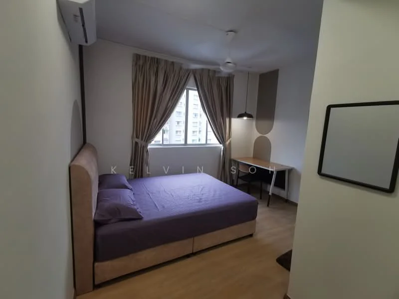 Bedroom features: queen-size bed with upholstered headboard, purple bedspread, wooden flooring, floor-to-ceiling window, sheer curtains, ceiling fan, wall-mounted desk, decorative wall panel, framed mirror; style: modern; view: city.