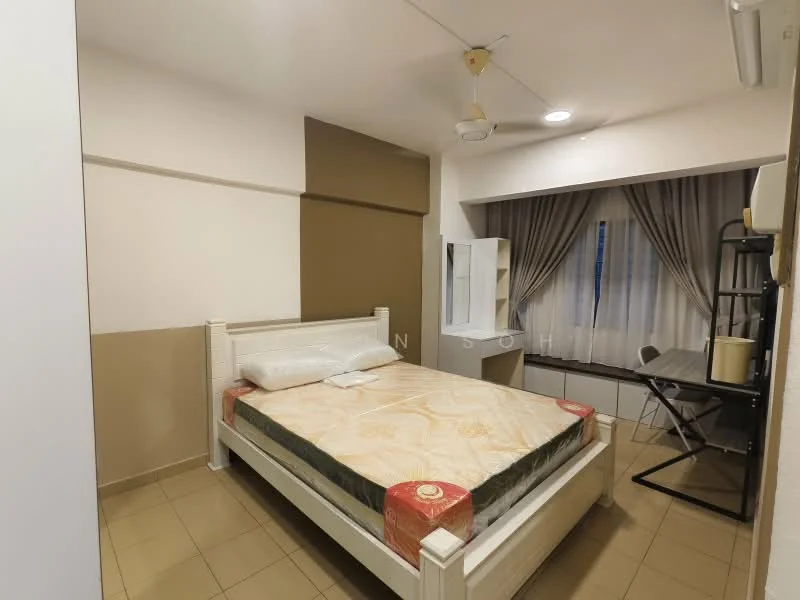 Bedroom features: queen-size bed with mattress, white wooden bed frame, cream painted walls, brown accent wall, floor-to-ceiling window, sheer curtains, ceiling fan, study desk with chair, built-in wardrobe, tile flooring; style: modern.