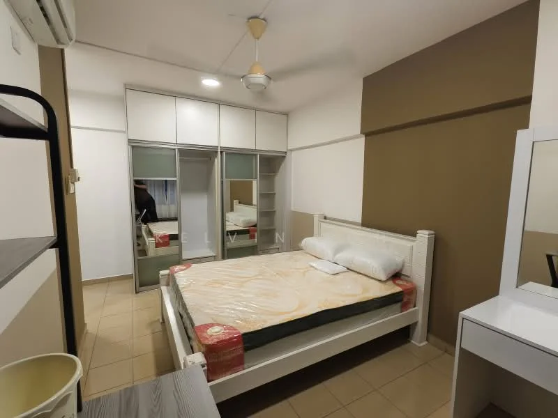 Bedroom features: queen-size bed with mattress, white bed frame, upholstered headboard, built-in wardrobe with sliding doors, mirror on wardrobe, study desk with chair, ceiling fan, cream painted walls, brown accent wall, tile flooring; style: modern.