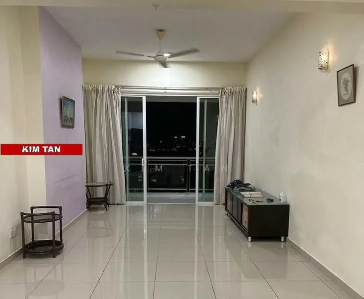 Living features: white painted walls, glossy ceramic tile flooring, 5-blade ceiling fan with light, floor-to-ceiling sliding glass door, sheer curtains, recessed wall sconces, coffee table, TV console; style: modern; view: city.