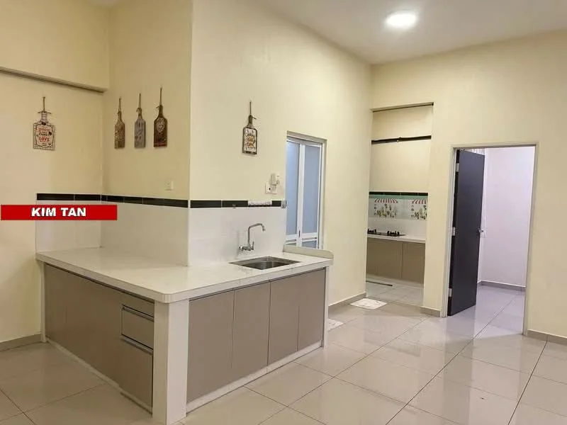 Kitchen features: white countertop, grey cabinetry, single-bowl stainless-steel sink, chrome pull-down faucet, ceramic tile flooring, white painted walls, recessed downlights, open layout, wall-mounted cabinets, kitchen island, doorway to adjacent room; style: modern. Room features: white painted walls, ceramic tile flooring, doorway leading to another room.