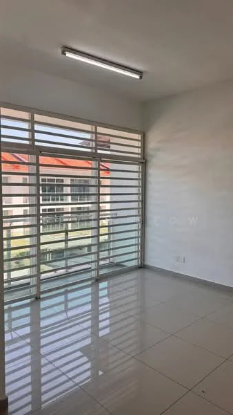 Room features: white painted walls, glossy tile flooring, sliding glass door, horizontal louvered windows, LED ceiling light, view of exterior landscape; style: modern; view: garden.