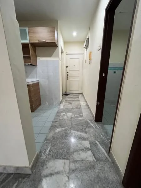 Room features: marble flooring, white painted walls, wood cabinetry, tile backsplash, door with peephole, light fixture, baseboards, door frame, kitchen area visible, entrance door; style: modern.