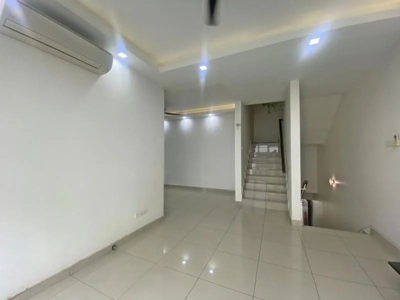 Room features: white painted walls, glossy ceramic tile flooring, recessed LED downlights, 1 wall-mounted split AC, staircase leading to upper floor, open space layout, ceiling with cove lighting; style: modern.