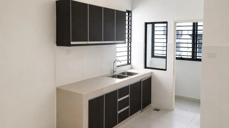 Kitchen features: dark wood cabinetry, double-bowl stainless-steel sink, chrome pull-down faucet, light-colored countertop, white tiled backsplash, white walls, sliding windows, tile flooring; style: modern.
