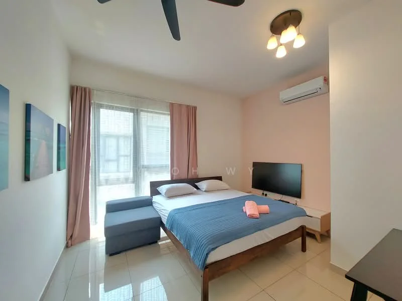 Bedroom features: queen-size bed with white bedding, upholstered headboard, 2 bedside lamps, wall-mounted TV, ceiling fan with light, large window with sheer curtains, light pink accent wall, cream painted walls, tile flooring, sofa in grey fabric, decorative towels on the bed; style: modern.