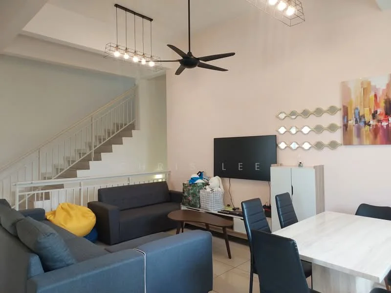 Living features: 3-seater fabric sofa in grey, 2-seater fabric sofa in dark grey, coffee table, wall-mounted TV, TV console, pendant lighting with multiple bulbs, ceiling fan, decorative wall art, white walls, tile flooring, staircase in background, open shelving unit; style: modern.