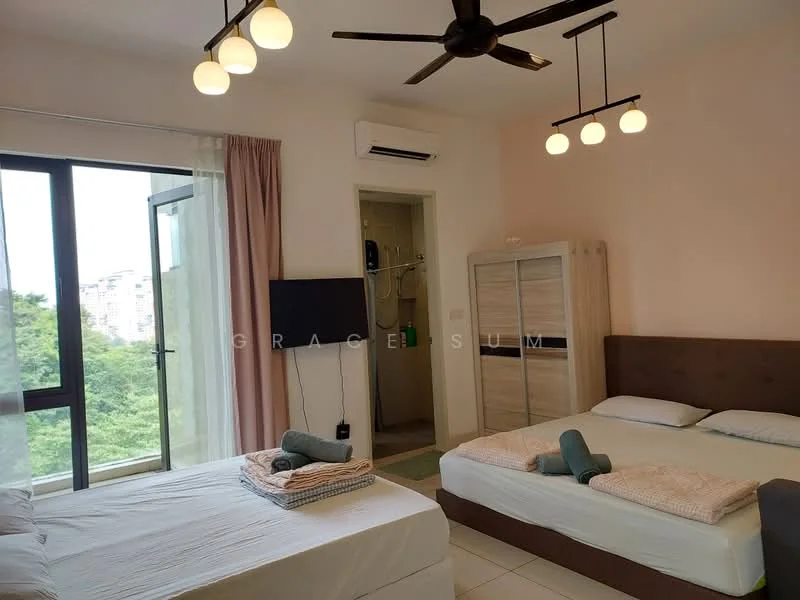 Bedroom features: two single beds with white bedding, upholstered headboard in brown, ceiling fan with light, floor-to-ceiling windows, curtains in light pink, wall-mounted TV, built-in wardrobe with wood finish, light-colored tiled flooring, green area view from window, air conditioning unit; style: modern; view: garden.