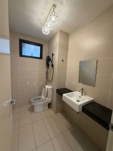 Bathroom features: white tiled walls, cream tiled flooring, single-sink vanity with black countertop, chrome basin mixer faucet, framed mirror, one-piece toilet, handheld shower, black shower wall-mounted fixture, recessed ceiling lights, window for natural light; style: modern.