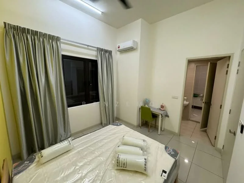 Bedroom features: queen-size bed, white bed linens, floor-to-ceiling window, grey curtains, wall-mounted split AC, light-colored walls, tile flooring, study desk with chair, decorative wall art, built-in wardrobe; style: modern. Room features: doorway leading to bathroom, light-colored walls, tile flooring.