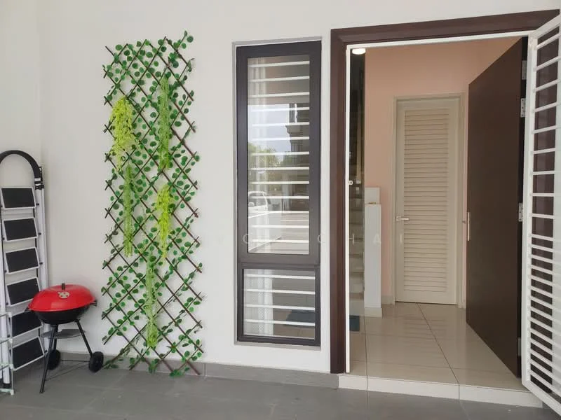 Exterior features: green trellis with climbing plants, sliding glass door, white painted walls, grey tiled flooring, black grill, door with horizontal slats, outdoor grill, entrance area with natural light; style: modern.