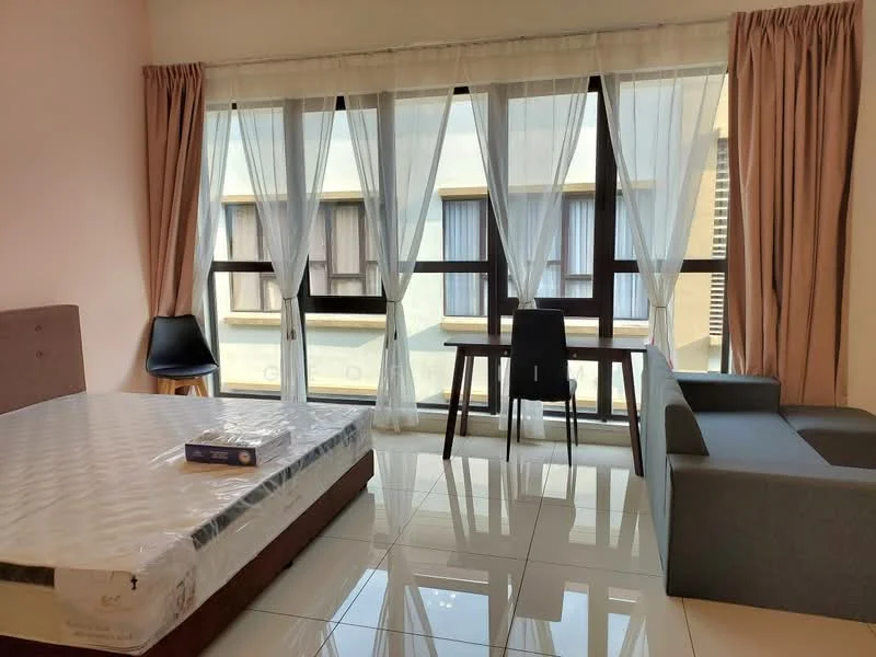 Living features: queen-size bed with mattress, grey fabric sofa, black dining table with two chairs, floor-to-ceiling windows, sheer white curtains, cream painted walls, glossy white tile flooring; style: modern.