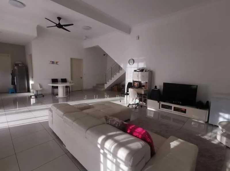 Living features: white painted walls, polished ceramic tile flooring, 5-blade ceiling fan, sofa in cream, coffee table, TV console, wall-mounted TV, decorative rug, large windows allowing natural light, staircase leading to upper floor, side table, decorative wall clock; style: modern.