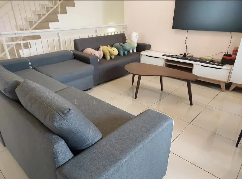 Living features: 2-seater fabric sofa in grey, 3-seater fabric sofa in grey, wooden coffee table, wall-mounted TV, TV console in white, decorative plush toys on sofa, white tiled flooring, staircase in background, neutral wall color, recessed lighting; style: modern.