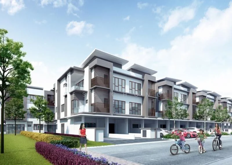 Exterior type: linked terrace house; features: modern facade with a mix of white and grey, horizontal wooden slats for shading, flat roof design, manicured landscaping with flower beds, paved driveway, multiple car porches, surrounded by greenery, two-storey structure, balconies on upper floors, large windows for natural light; style: modern.