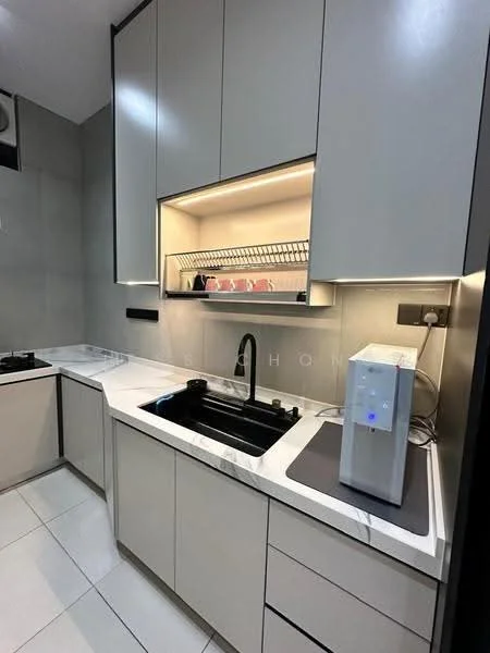 Kitchen features: grey cabinetry, white marble countertop, black single-bowl stainless-steel sink, black gooseneck faucet, open shelving above sink, built-in dish rack, recessed lighting, ceramic tile flooring, integrated appliances, water dispenser, wall-mounted electrical outlet; style: modern.