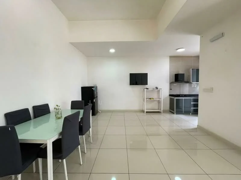 Dining features: glass dining table, 4 upholstered dining chairs in black, white painted walls, tile flooring, recessed downlights, wall-mounted TV, black refrigerator, kitchen area visible in background, kitchen cabinets in grey, stainless-steel stove, countertop with backsplash; style: modern.