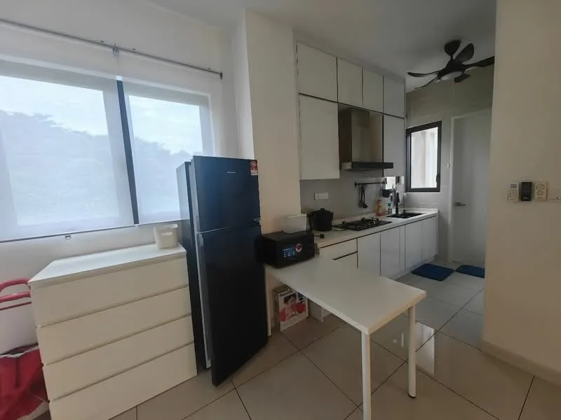 Kitchen features: white cabinetry, black refrigerator, stainless-steel range hood, 4-burner gas hob, white countertop, single-bowl stainless-steel sink, wall-mounted cabinets, tile flooring, ceiling fan, large window with sheer curtains, kitchen table, dishwasher, built-in oven; style: modern; view: garden.