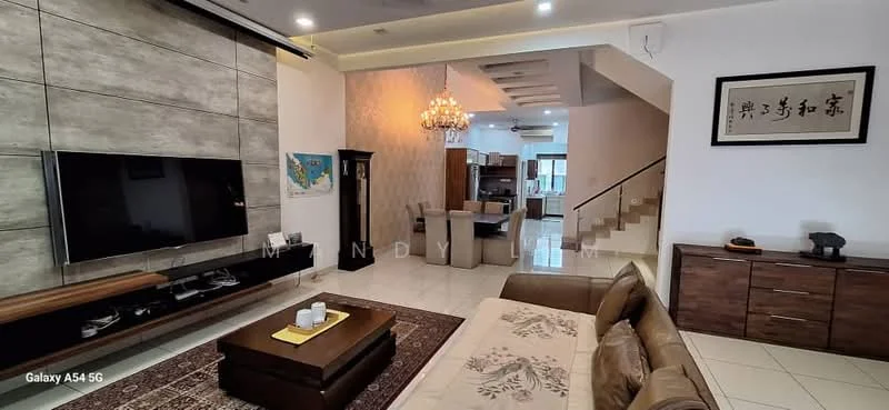 Living features: 3-seater fabric sofa in beige, coffee table, TV console, wall-mounted TV, area rug with geometric pattern, chandelier, recessed downlights, white painted walls, cream tiled flooring, decorative wall art, open layout to dining area, staircase in background; style: modern. Dining features: dining table for 6, upholstered dining chairs, open layout to living area; style: modern. Kitchen features: wood cabinetry, stainless-steel appliances, open layout to dining area; style: modern.