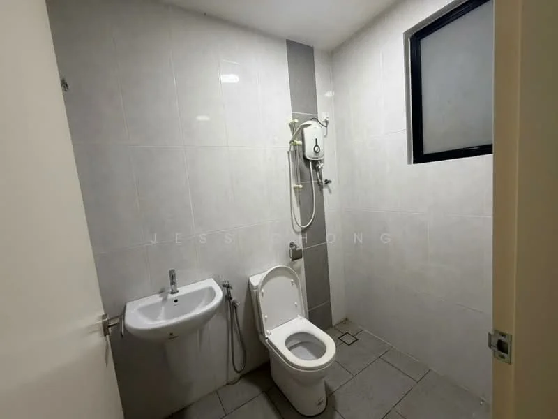 Bathroom features: white tiled walls, grey accent wall, ceramic tile flooring, one-piece toilet, wall-mounted basin, chrome basin mixer, shower with wall-mounted showerhead, window for natural light; style: modern.