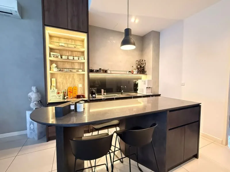 Kitchen features: grey stone countertop, black cabinetry, open shelving with backlighting, stainless-steel sink, chrome pull-down faucet, built-in microwave, black cooktop, recessed downlights, bar stools, white tiled flooring, grey accent wall, decorative statue; style: modern.
