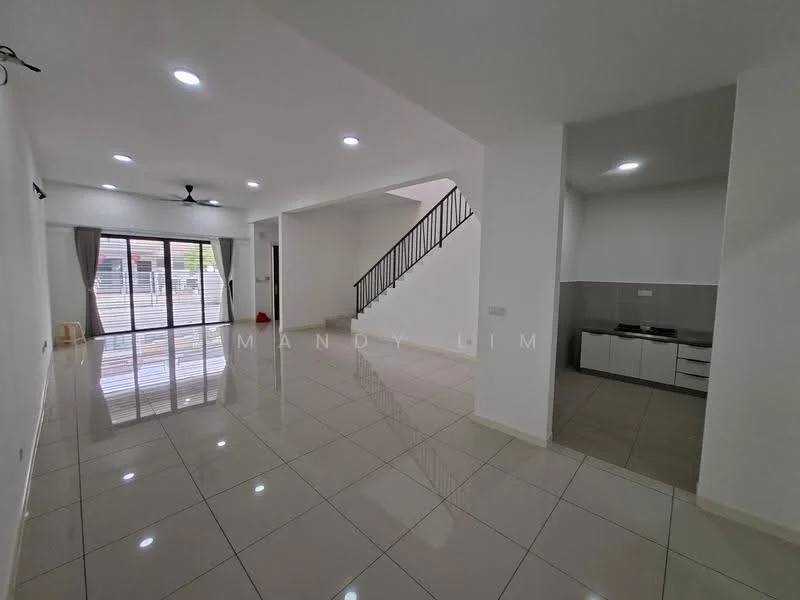 Living features: white painted walls, glossy ceramic tile flooring, 5-blade ceiling fan with light, floor-to-ceiling sliding glass doors, curtains, recessed LED downlights, open layout, staircase with metal railing; style: modern; view: garden. Kitchen features: white cabinetry, grey tiled backsplash, single-bowl stainless-steel sink, built-in countertop, stainless-steel faucet, ceramic tile flooring; style: modern.