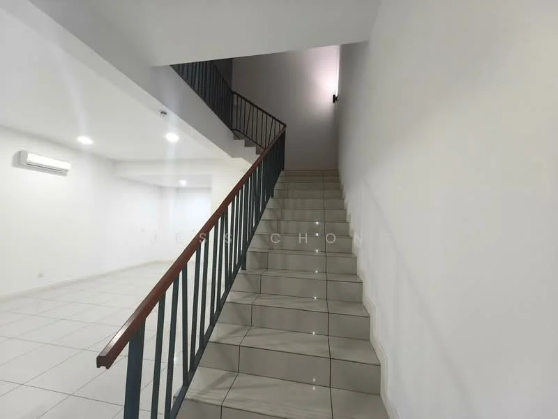 Room features: staircase with wooden handrail, white painted walls, recessed downlights, wall-mounted split AC, ceramic tile flooring, stair treads with LED lighting, open space at the bottom of the stairs, neutral color scheme; style: modern.