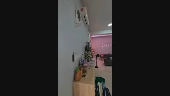 Room features: light grey painted walls, wall-mounted split AC, recessed ceiling lights, decorative wall art, wooden console table, decorative plants, floor tiles, LED strip lighting; style: modern.
