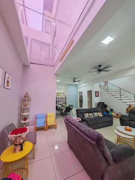 Living features: grey fabric sofa, 3-seater sofa, 2-seater sofa, coffee table, decorative vase with flowers, wall-mounted artwork, ceiling fan, recessed ceiling lights, tile flooring, large windows, open layout, staircase in background; style: modern. Dining features: dining table with chairs, open layout to living area, decorative wall shelving, tile flooring; style: modern.