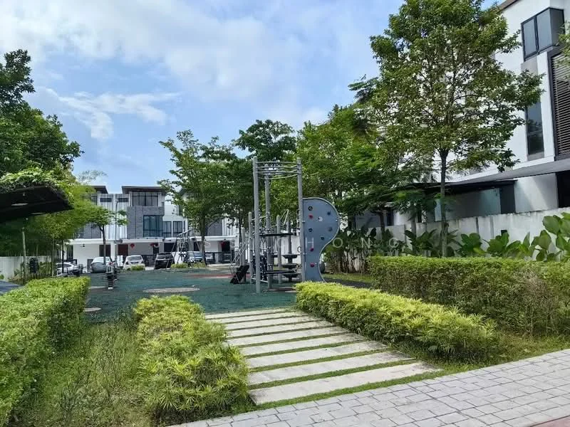 Exterior type: landscape garden; features: playground equipment, manicured lawn, paved walkway, mature trees, tropical landscaping, surrounding greenery; style: modern.