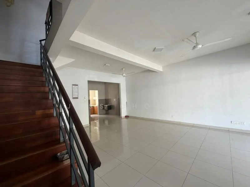 Living features: white painted walls, polished ceramic tile flooring, exposed ceiling with recessed downlights, 2 ceiling fans, large windows, open layout, staircase with wooden steps, doorway leading to another room; style: modern.