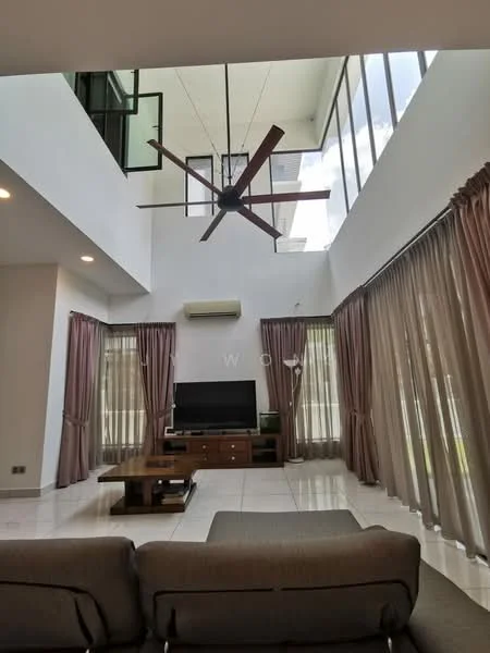 Living features: 5-blade ceiling fan with light, wall-mounted TV, wooden coffee table, grey fabric sofa, floor-to-ceiling windows, sheer curtains, drapes, recessed downlights, white painted walls, polished tile flooring, air conditioning unit; style: modern; view: garden.